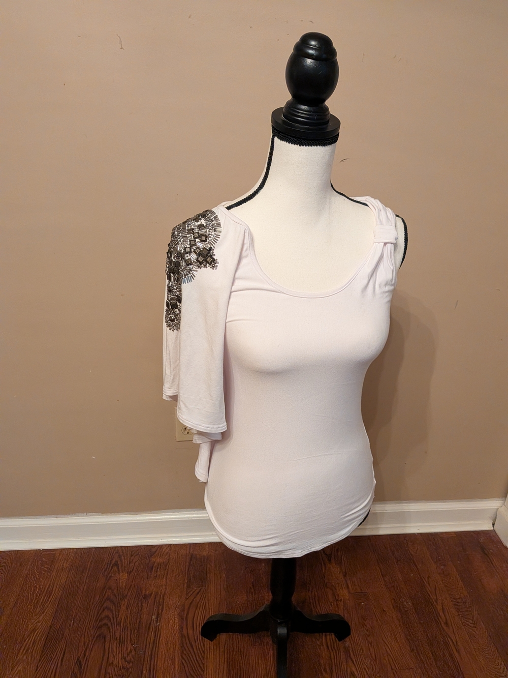 Bebe White One-Shoulder Tank with Embellished Draped Sleeve